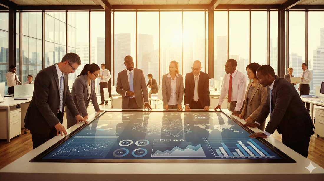 Professional business team collaborating on data analysis