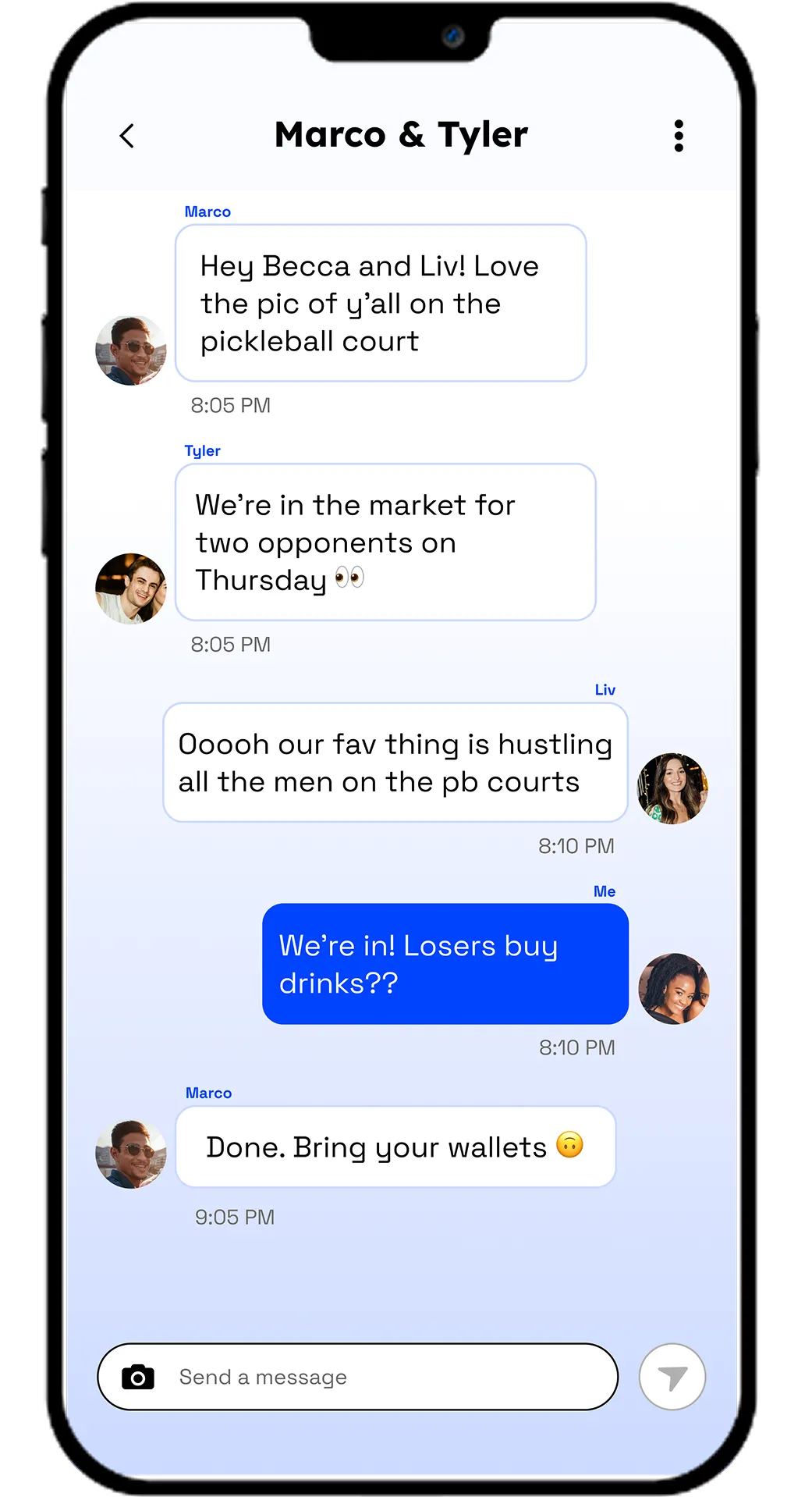 PlotTwist app: a group chat between two matched pairs planning a pickleball game