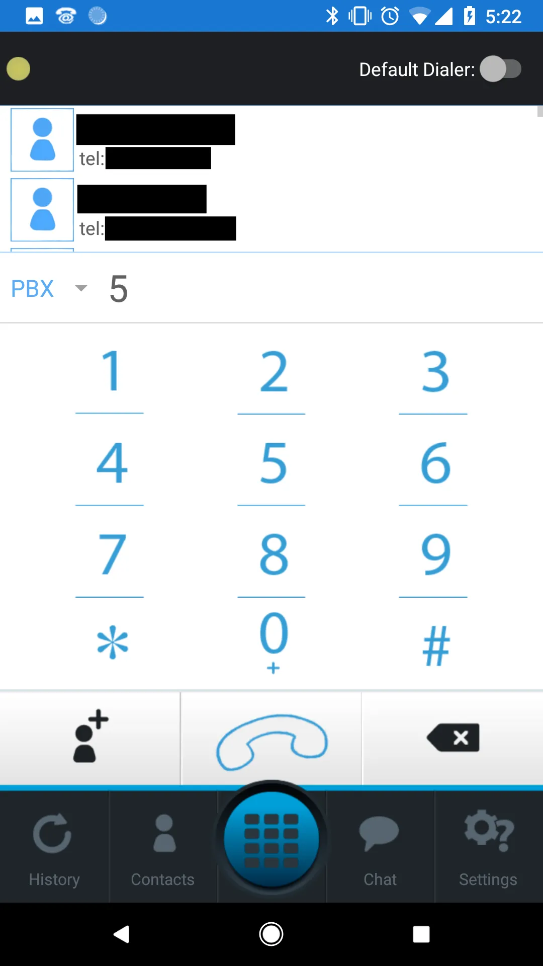 ucChat Android app: the PBX dialer keypad, with contacts and call history