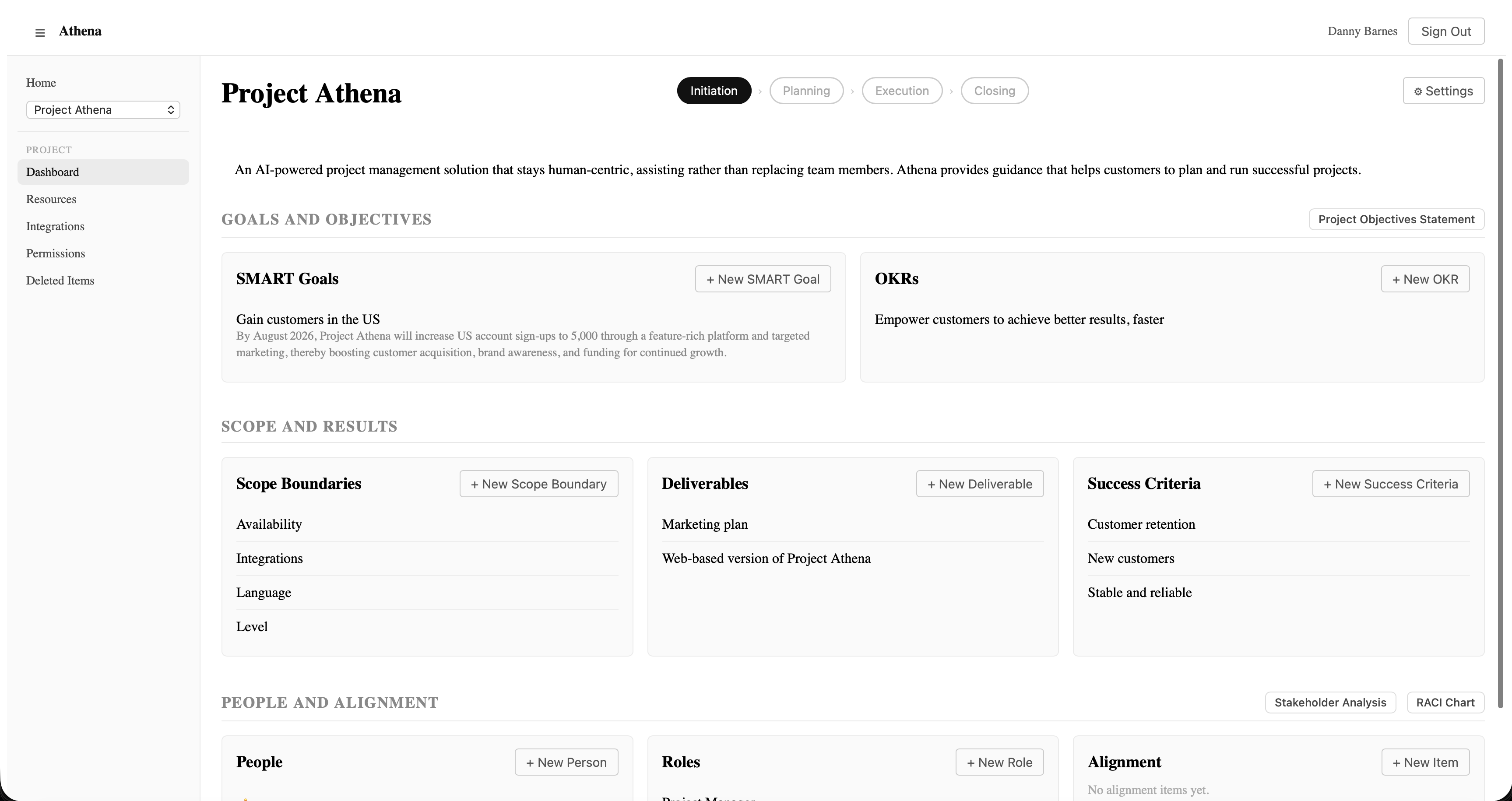 Project Athena dashboard showing project phases, goals, scope, and team