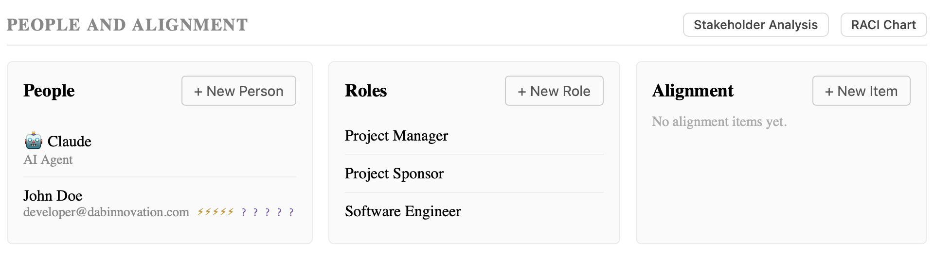 Project Athena dashboard showing automatically organized project sections — goals, scope, people, and alignment