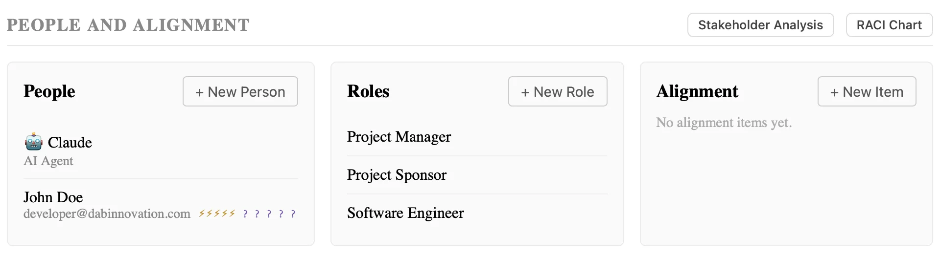 Project Athena dashboard showing automatically organized project sections — goals, scope, people, and alignment