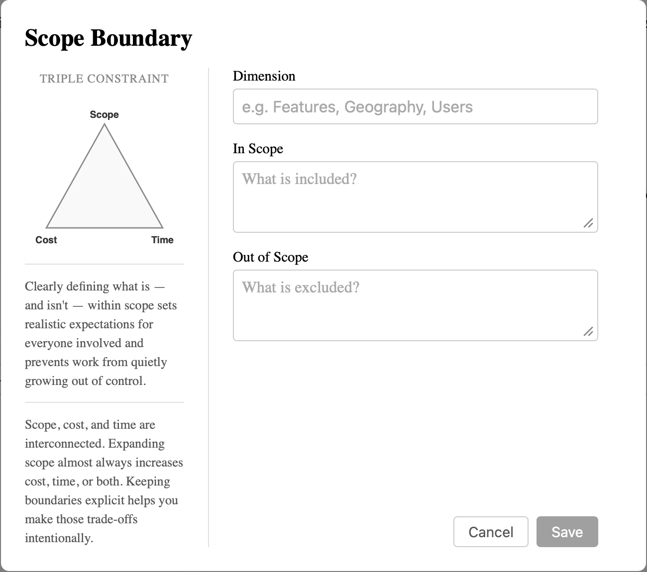 Scope Boundary panel showing guided input form alongside contextual explanation of the Triple Constraint