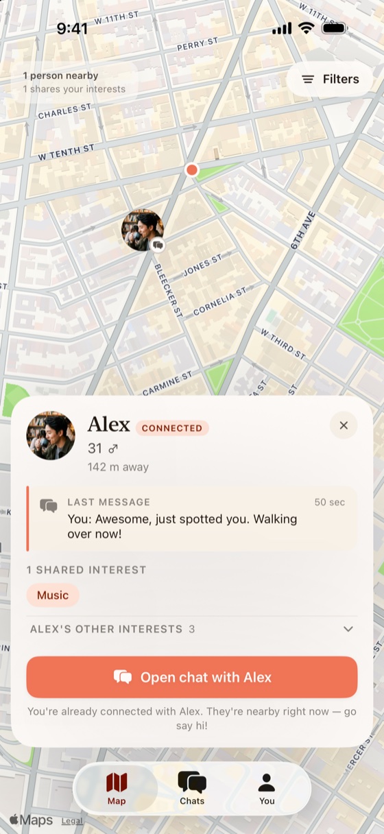 Socialize app showing a live discovery map with a nearby connected user