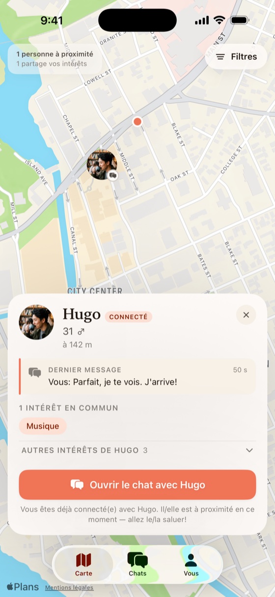 L'app Socialize affichant une carte de découverte en direct avec une personne connectée à proximité